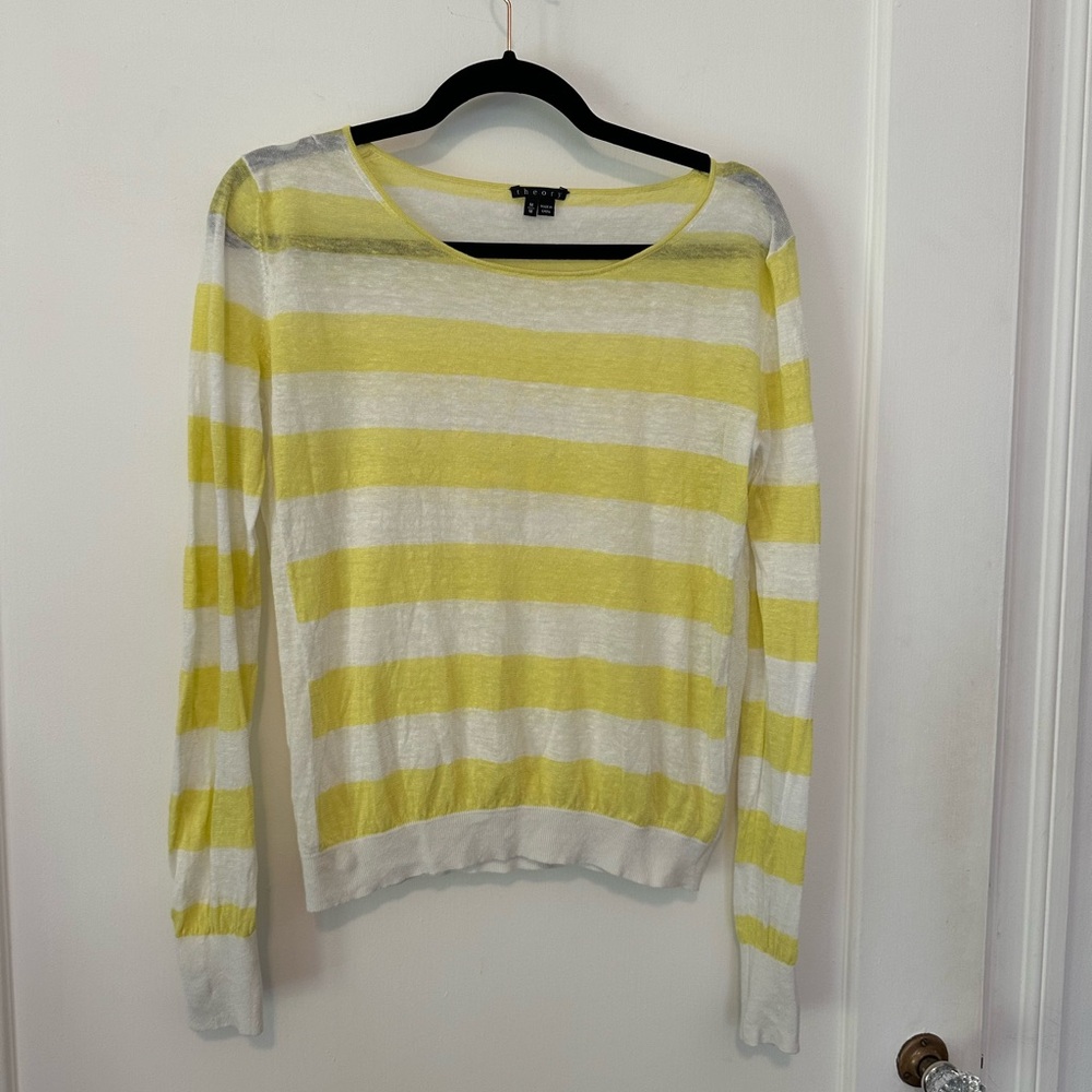 Theory linen blend semi-sheer pullover sweater - lemon/white stripes - size M